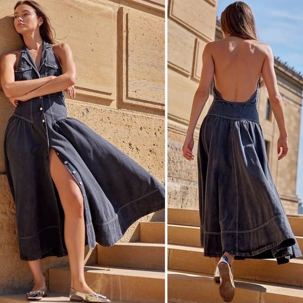 Free People Soundwave Denim
Halter Maxi Dress in Black Bohemian Size XS